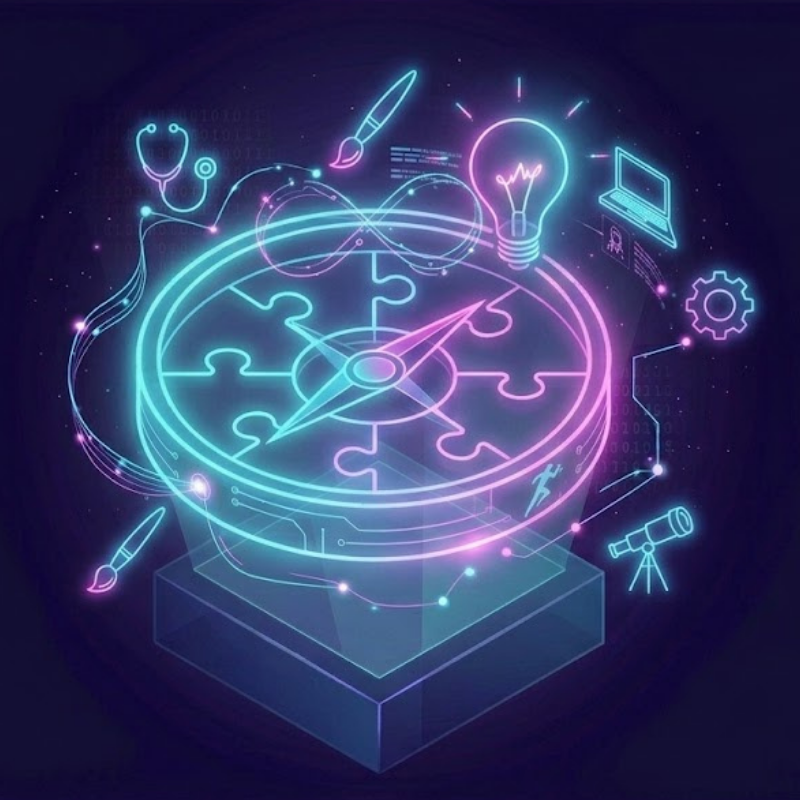 A detailed neon neural heart combined with a compass and varied professional symbols, for the Career & Passion Match test on JoyKitBox.