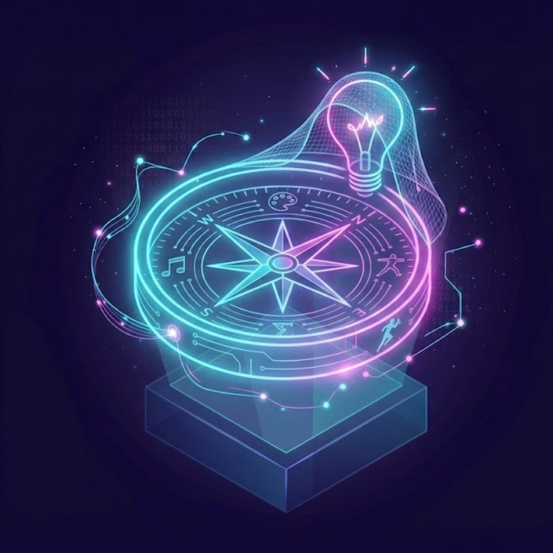 A glowing neon compass with a neural magnifying glass, surrounded by musical notes and art icons, for the Hidden Talent Finder quiz.