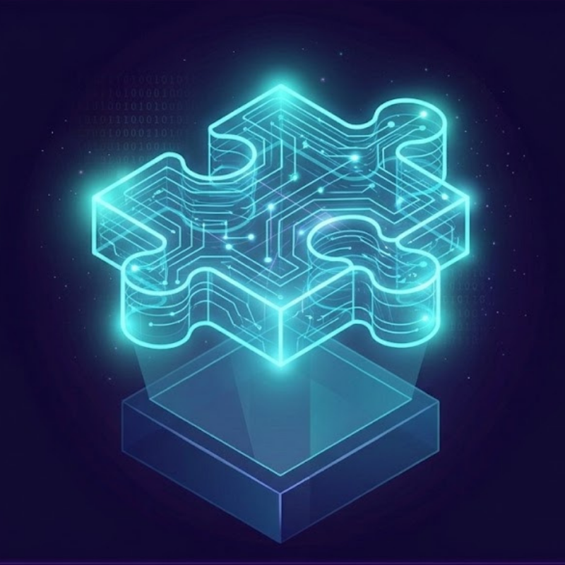 Quizzes Glowing cyan and blue 3D isometric interlocking jigsaw puzzle piece, representing logic and brain puzzles.