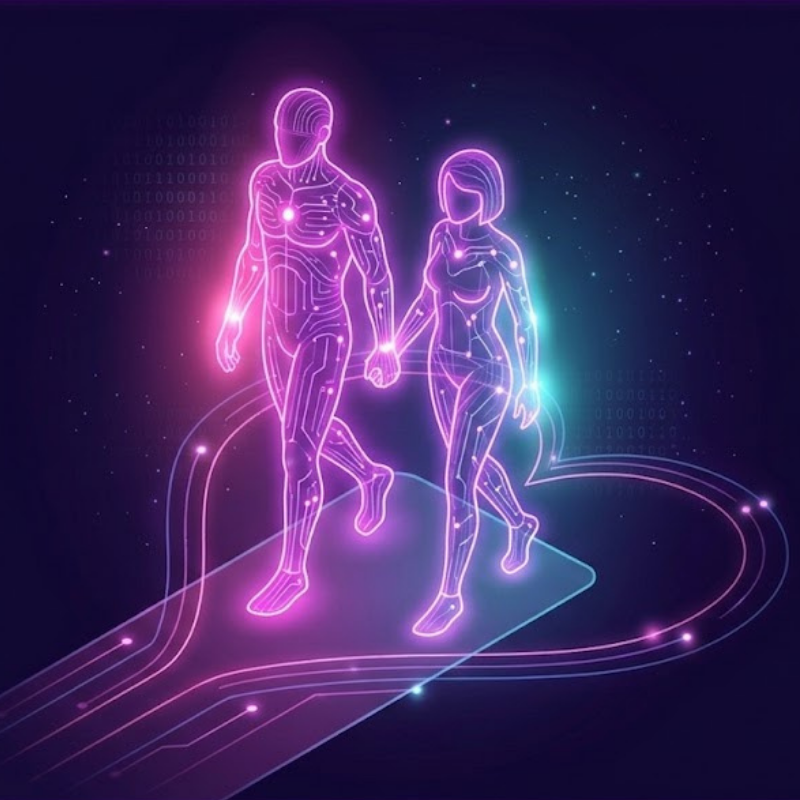 Quizzes Futuristic neon magenta and purple holographic figures walking hand-in-hand, symbolizing love and relationship tests.
