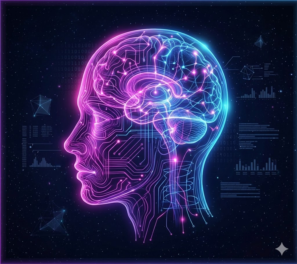 Futuristic neon brain and neural network representation for JoyKitBox Personality Tests.