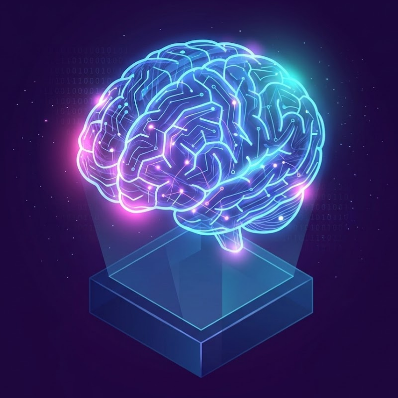 Quizzes Neon holographic stylized human brain above a geometric pedestal, representing personality tests on JoyKitBox.
