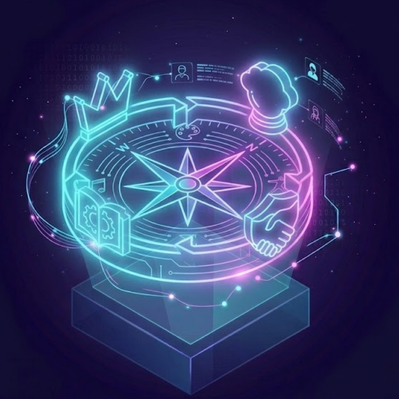 Siber-neon compass surrounded by glowing archetypal symbols (Crown, Cloud, Shield, Book) representing social roles in the Social Archetype Quiz.