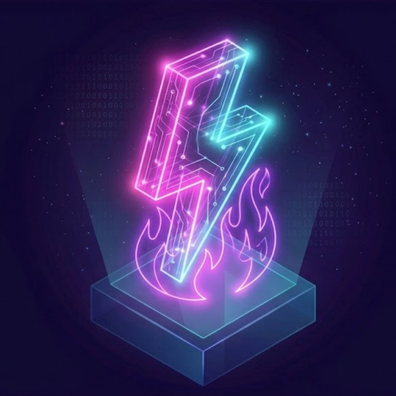 Quizzes Dynamic glowing neon lightning bolt and integrated fire flames symbol above a digital pedestal, for trending and viral quizzes.