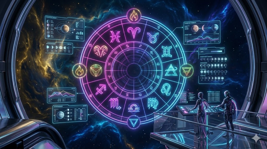 A cinematic 16:9 wide-screen photograph of a futuristic cyberpunk celestial observatory in space, looking out over a nebula with a massive glowing holographic zodiac wheel in magenta, cyan, and deep purple light, with the four element symbols (Ateş, Toprak, Hava, Su) highlighted, representing the Daily Horoscopes at JoyKitBox.