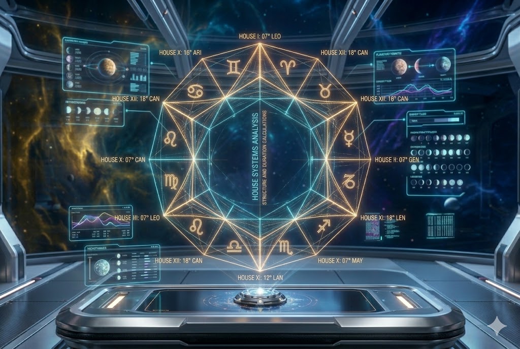 A complex 3:2 vertical portrait photograph capturing an advanced, geometric holographic data structure visualizing the House Systems analysis within a futuristic cyberpunk observatory, building upon the celestial aesthetic in image_115.png. The detailed projection shows glowing golden-orange and deep cyan geometric segments and coordinate readings (cite: image_124.png) (cite: image_124.png) representing the 12 astrological houses with embedded data streams and technical glyphs. Below, a small crystalline display on a polished metallic console with subtle internal lights contains a miniature swirling golden geometric model of the house systems being analyzed, representing the House Systems analysis at JoyKitBox.
