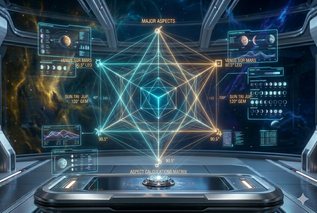 A detailed 3:2 vertical portrait photograph capturing an advanced, complex holographic data matrix visualizing Major Aspects analysis within a futuristic cyberpunk observatory, building upon the celestial aesthetic in image_115.png. The detailed projection shows glowing golden-orange and deep cyan geometric segments and coordinate readings (cite: image_126.png) (cite: image_126.png) representing key astrological aspects with dynamic light lines, technical glyphs, and embedded data streams. Below, a small crystalline display on a polished metallic console with subtle internal lights contains a miniature swirling golden model of the major aspect system being analyzed, representing the Major Aspects analysis at JoyKitBox.