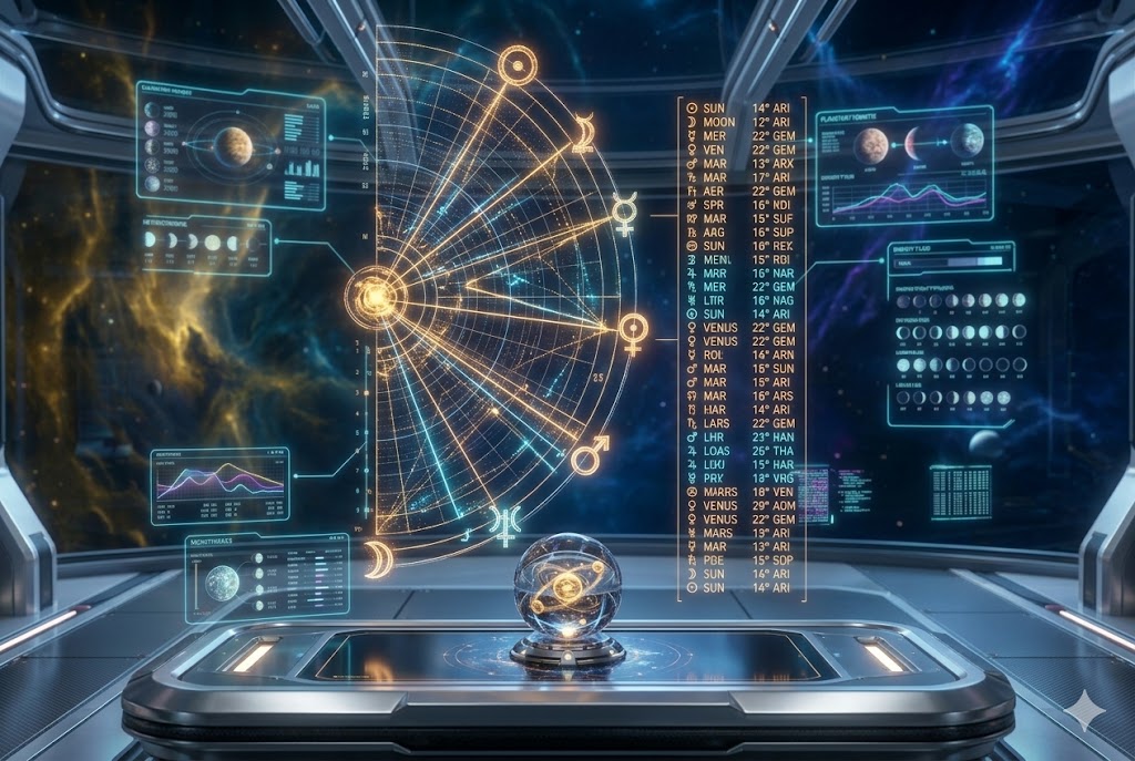A detailed 3:2 vertical portrait photograph capturing an advanced, complex holographic data array visualizing Planetary Positions analysis within a futuristic cyberpunk observatory, building upon the celestial aesthetic in image_115.png. The detailed projection shows glowing golden-orange and cyan planetary symbols (cite: image_122.png) (cite: image_122.png) like Sun, Moon, Mercury, Venus, Mars linked by dynamic light lines and a vertical text feed rendering precise changing numerical coordinates, degree readings, and astrological signs. Below, a small crystalline display on a polished metallic console with subtle internal lights contains a miniature swirling golden model of the planets being analyzed, representing the Planetary Positions analysis at JoyKitBox.