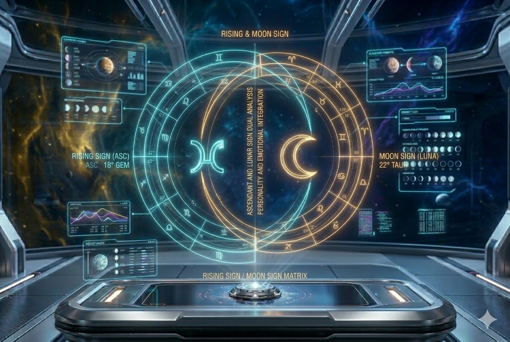 A detailed 3:2 vertical portrait photograph capturing an advanced, complex geometric holographic data structure visualizing the Rising & Moon Sign analysis within a futuristic cyberpunk observatory, building upon the celestial aesthetic in image_115.png. The detailed projection shows glowing golden-orange and deep cyan geometric segments and coordinate readings (cite: image_128.png) (cite: image_128.png) representing the Ascendant and Lunar signs with embedded data streams and technical glyphs. Below, a small crystalline display on a polished metallic console with subtle internal lights contains a miniature swirling golden geometric model of the rising and moon sign systems being analyzed, representing the Rising & Moon Sign analysis at JoyKitBox.