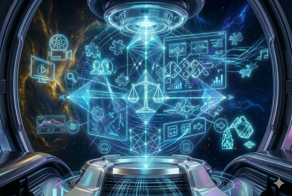 A vertical 3:2 card image representing 'Air Signs (Gemini, Libra, Aquarius)' within the 'Daily Horoscopes' section on JoyKitBox. The image depicts a futuristic, ethereal cybernetic apparatus with glowing cyan and light blue light trails and floating interface elements. A large, complex central holographic projection visualizes 'celestial data and social network connections', set within the dark architecture of the 'Daily Horoscopes' space observatory, representing the Daily Horoscopes at JoyKitBox.