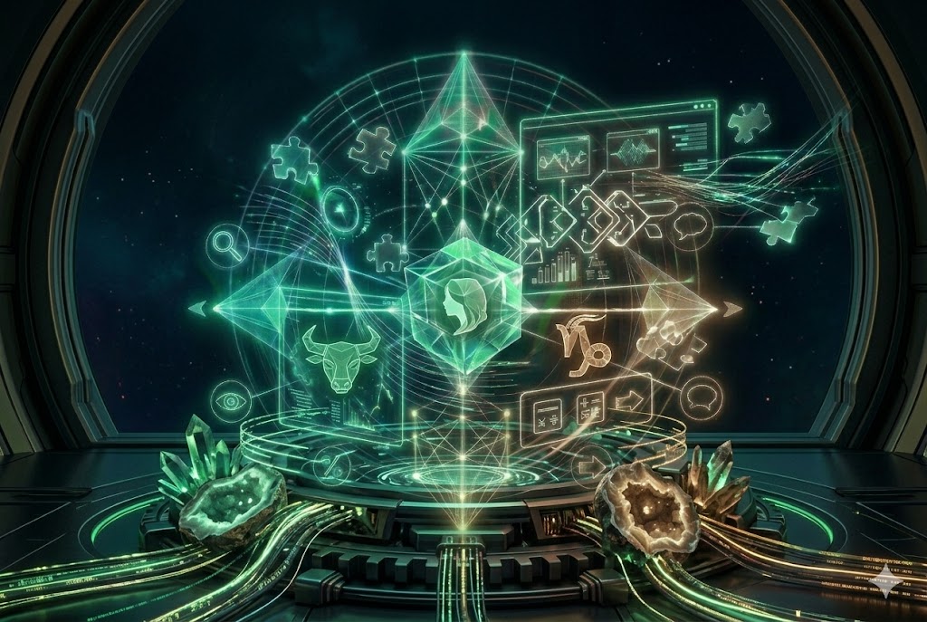 A vertical 3:2 card image representing 'Earth Signs (Taurus, Virgo, Capricorn)' within the 'Daily Horoscopes' section on JoyKitBox. The image depicts a sophisticated cybernetic structure with glowing green and teal light trails. It focuses on a large, central holographic interface displaying an intricate, geometric earth matrix with integrated stylized glowing icons of the Bull, Virgin, and Sea-Goat, set within the dark architecture of the 'Daily Horoscopes' space observatory, representing the Daily Horoscopes at JoyKitBox.