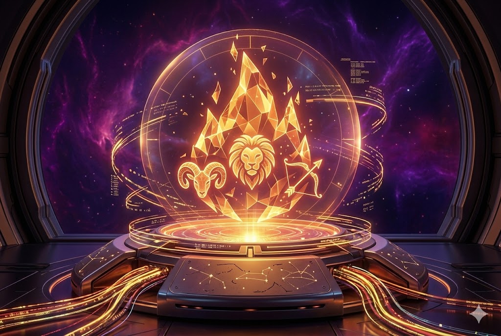 A vertical 3:2 card image representing 'Fire Signs (Aries, Leo, Sagittarius)' within the 'Daily Horoscopes' section on JoyKitBox. The image depicts a sleek, cybernetic altar with complex, integrated light trails and data conduits in fiery gold, orange, and red tones. A large, transparent holographic projection features a central eternal flame with integrated stylized glowing icons of the Ram, Lion, and Archer, set within the dark metal and composite architecture of the 'Daily Horoscopes' space observatory, representing the Daily Horoscopes at JoyKitBox.