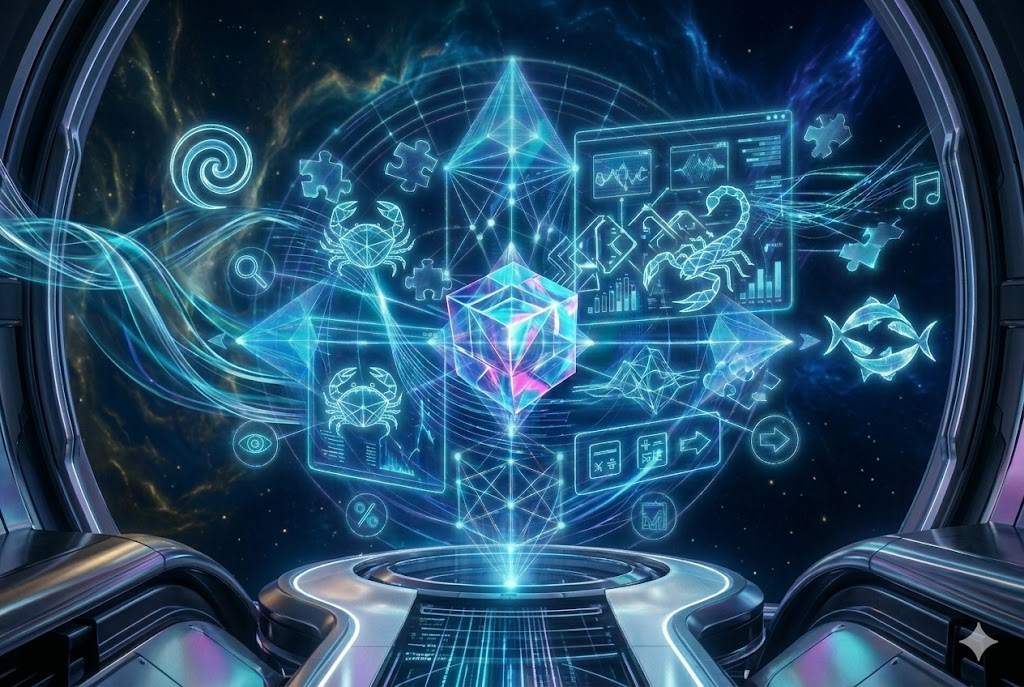 A vertical 3:2 card image representing 'Water Signs (Cancer, Scorpio, Pisces)' within the 'Daily Horoscopes' section on JoyKitBox. The image depicts a beautiful, fluid cybernetic construct with glowing blue and teal light trails that mimic flowing water. A large, complex central holographic projection visualizes 'deep emotional subconscious and fluid energy flows', set within the dark architecture of the 'Daily Horoscopes' space observatory, representing the Daily Horoscopes at JoyKitBox.