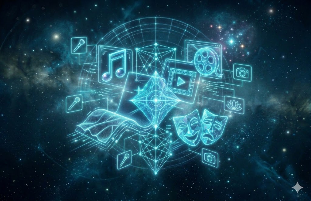 A vertical 3:2 card showing a futuristic cyberpunk interpretation of culture and arts, featuring glowing holographic projections of a musical note, film reel, and theater masks in cool neon cyan and blue tones, set in deep space at JoyKitBox.