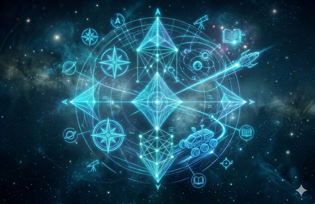 A vertical 3:2 card showing a futuristic cyberpunk interpretation of culture and arts, featuring glowing holographic projections of a musical note, film reel, and theater masks in cool neon cyan and blue tones, set in deep space at JoyKitBox.