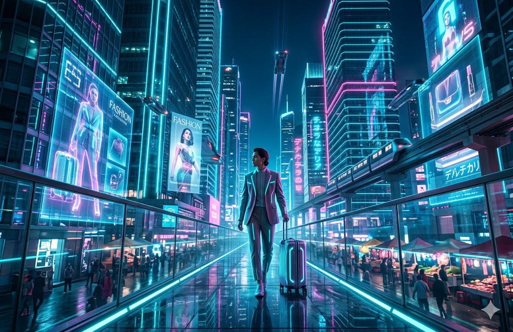 Futuristic cyberpunk cityscape with vibrant neon lights and holographic fashion displays, illustrating the JoyKitBox Lifestyle and Viral Trends hub guide.