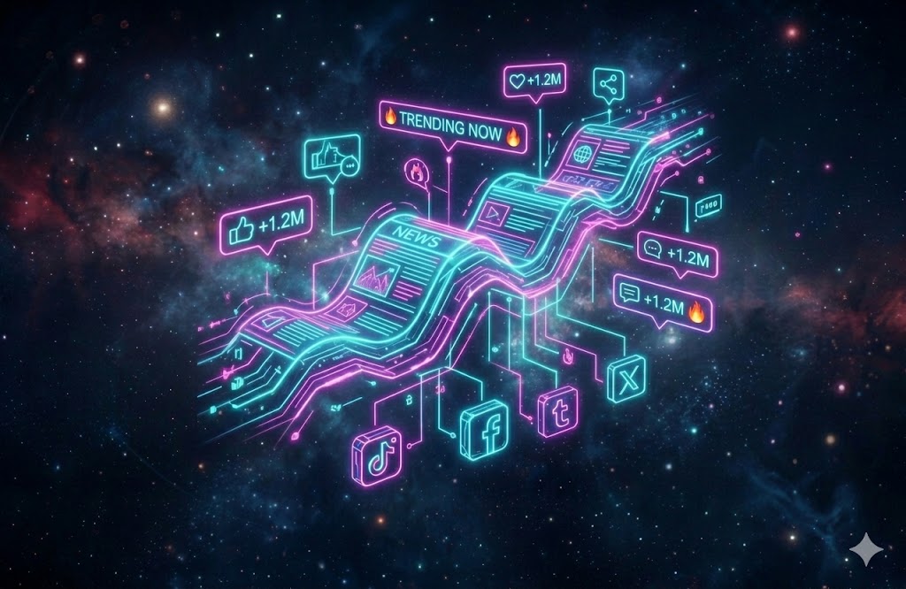 Cyberpunk digital news streams and glowing social media trend icons in neon cyan and magenta, representing viral lifestyle trends at JoyKitBox.