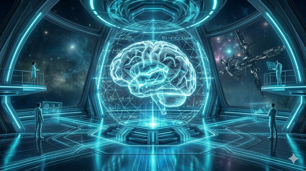 A cinematic 16:9 wide-screen cyberpunk scene representing human intelligence and logic, featuring a glowing holographic brain interconnected with complex geometric puzzles and floating mathematical equations, cool neon cyan and blue lighting, futuristic high-tech laboratory background, premium aesthetic, no text on image.