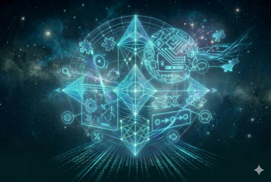 A vertical 3:2 card showing a futuristic cyberpunk interpretation of discovery and logic analysis, featuring glowing holographic projections of a sleek mechanical mental puzzle system, geometric pieces, mind symbols, heart symbols, and connection patterns in cool neon cyan and blue tones, representing Cyber Mind Puzzles at JoyKitBox.
