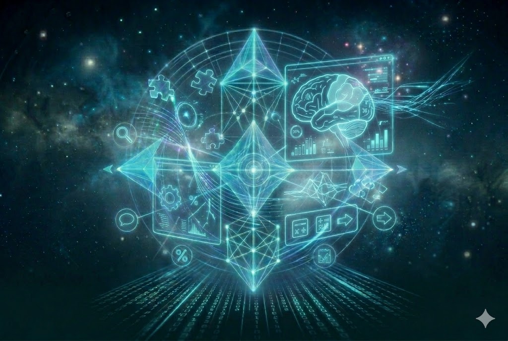 A vertical 3:2 card showing a futuristic cyberpunk interpretation of discovery and logic analysis, featuring glowing holographic projections of a sleek mechanical IQ diagnostic system, brain symbols, percentage meters, bar graphs, and connection patterns in cool neon cyan and blue tones, representing the IQ Diagnostics at JoyKitBox.