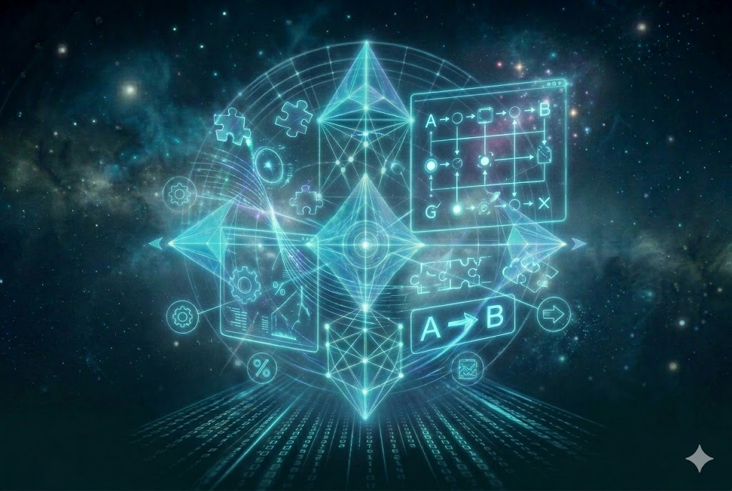 A vertical 3:2 card showing a futuristic cyberpunk interpretation of discovery and logic analysis, featuring glowing holographic projections of a sleek mechanical deductive logic system, heart symbols, text bubbles, gift, and connection patterns in cool neon cyan and blue tones, representing The Logic Matrix at JoyKitBox.