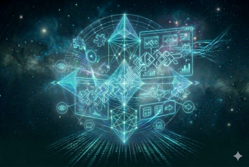 A vertical 3:2 card showing a futuristic cyberpunk interpretation of discovery and logic analysis, featuring glowing holographic projections of a sleek mechanical pattern visualizer system, geometric shapes, mind symbols, heart symbols, and connection patterns in cool neon cyan and blue tones, representing Pattern Recognition at JoyKitBox.