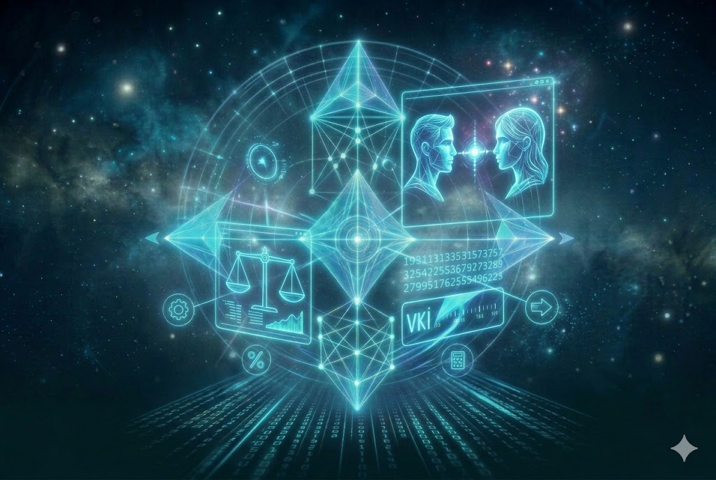 Love & Relationships A vertical 3:2 card showing a futuristic cyberpunk interpretation of discovery and relationship analysis, featuring glowing holographic projections of a sleek mechanical compatibility analyzer, heart symbols, and analytical patterns in cool neon cyan and blue tones, representing the Compatibility Analysis at JoyKitBox.