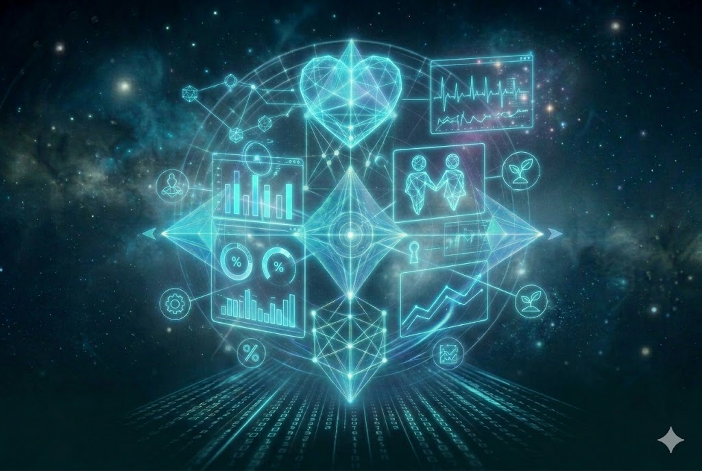 Love & Relationships A vertical 3:2 card showing a futuristic cyberpunk interpretation of discovery and emotional health, featuring glowing holographic projections of a sleek mechanical diagnostic analyzer, large heart symbol, bar graphs, percentage meters, and trend lines in cool neon cyan and blue tones, representing the Relationship Vitality diagnostic at JoyKitBox.