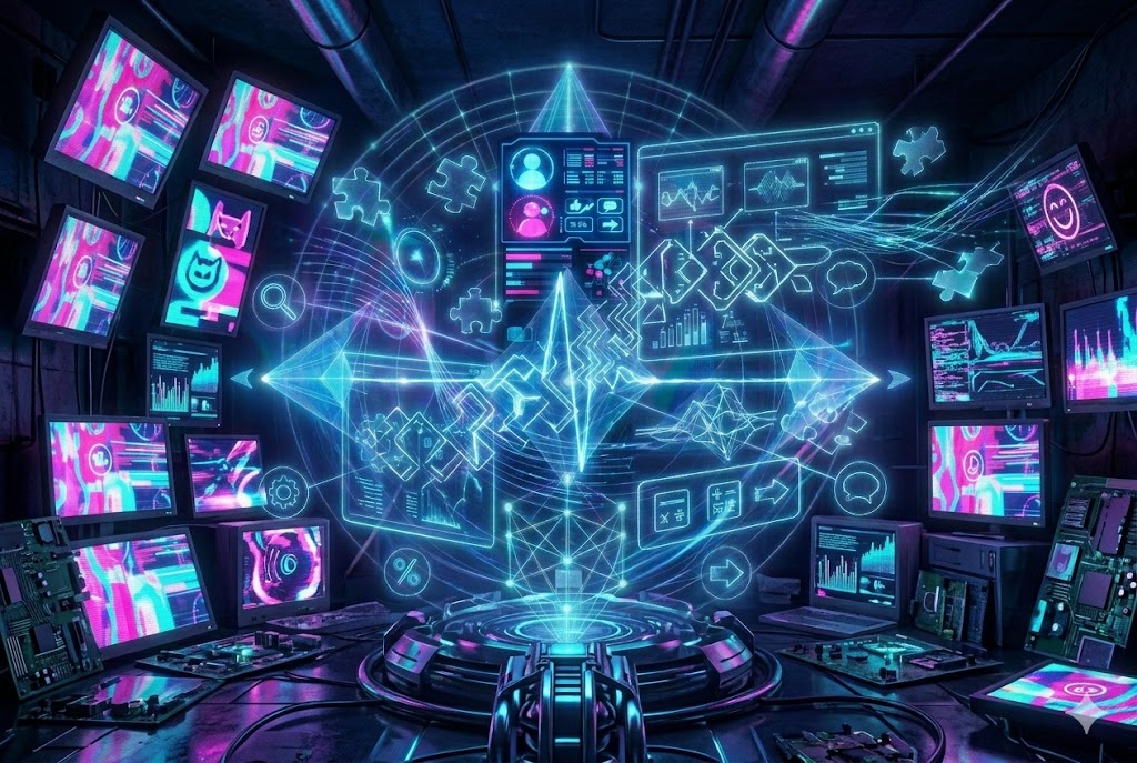 Trending Quizzes A vertical 3:2 card image representing 'The Meme Decode' within the 'Trending Quizzes' category. The composition is set within the vibrant, neon-lit cyberpunk street scene introduced in image_94.png, maintaining the dense network of glowing pink, purple, and cyan light trails and digital billboards against dark futuristic architecture, representing Trending Quizzes at JoyKitBox.