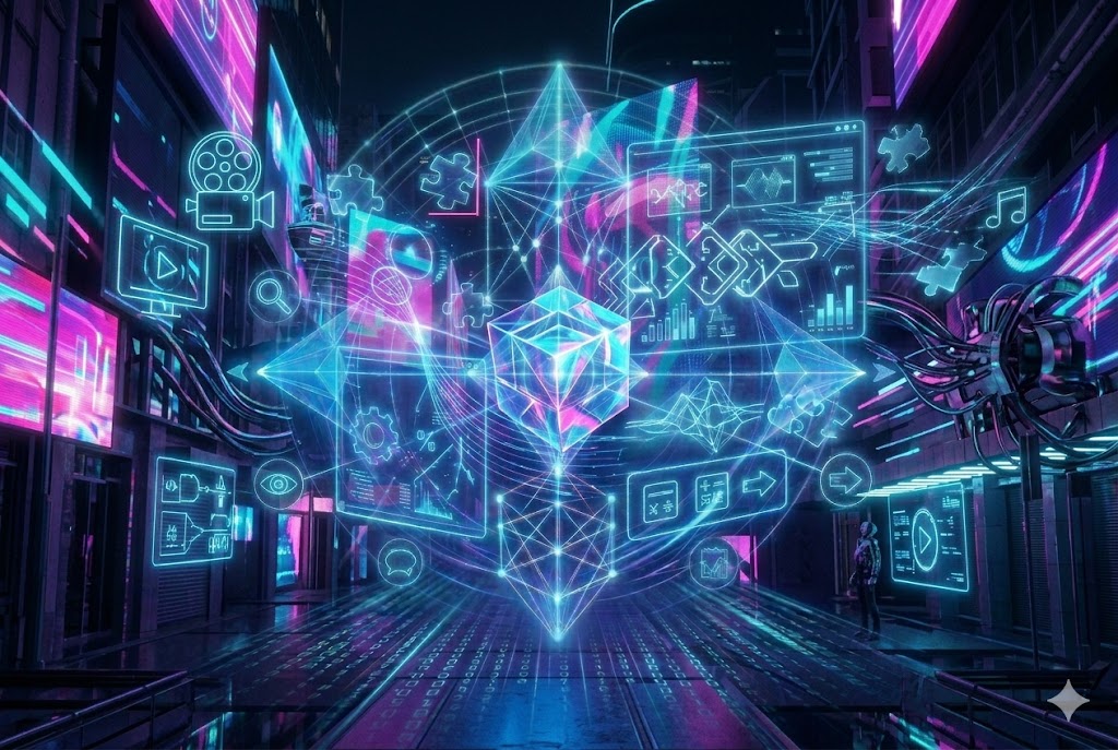 Trending Quizzes A vertical 3:2 card image representing 'Pop Culture Matrix' within the 'Trending Quizzes' category. The composition is set within the vibrant, neon-lit cyberpunk street scene introduced in image_94.png, maintaining the dense network of glowing pink, purple, and cyan light trails and digital billboards against dark futuristic architecture, representing Trending Quizzes at JoyKitBox.