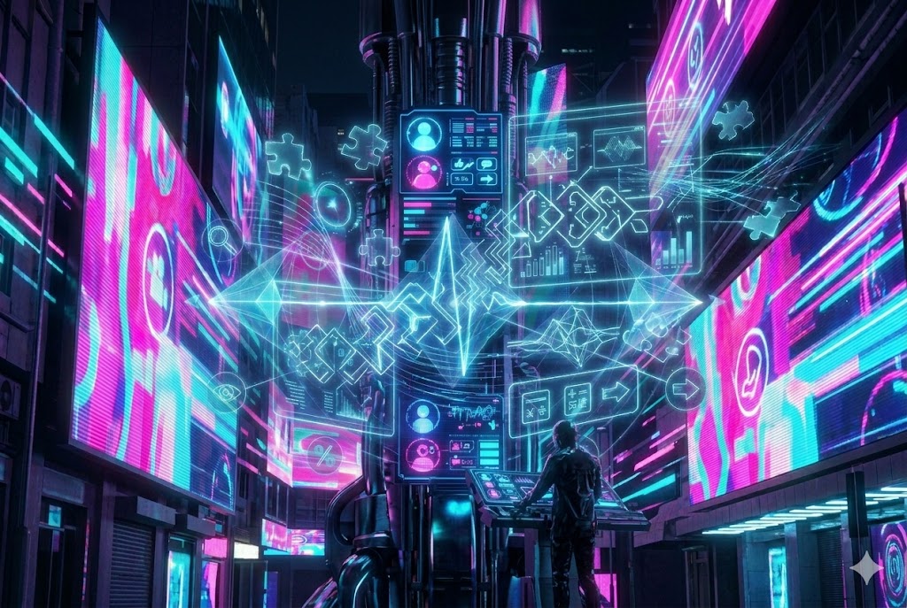 Trending Quizzes A vertical 3:2 card image representing 'Social Pulse' within the 'Trending Quizzes' category. The composition is set within the vibrant, neon-lit cyberpunk street scene introduced in image_94.png, maintaining the dense network of glowing pink, purple, and cyan light trails and digital billboards against dark futuristic architecture, representing Trending Quizzes at JoyKitBox.