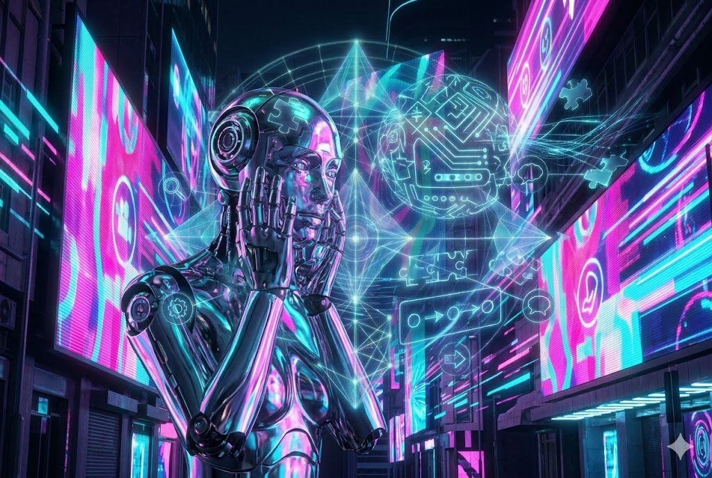 Trending Quizzes A vertical 3:2 card image representing 'Viral Identity' within the 'Trending Quizzes' category. The composition is set within the vibrant, neon-lit cyberpunk street scene introduced in image_94.png, maintaining the dense network of glowing pink, purple, and cyan light trails and digital billboards against dark futuristic architecture, representing Trending Quizzes at JoyKitBox.
