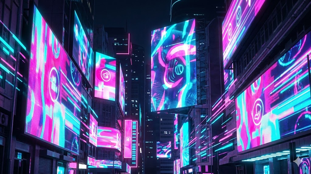 Trending Quizzes A cinematic wide-screen photograph of a futuristic cyberpunk street scene at night, filled with glowing neon billboards and large holographic advertisements displaying viral trends and fast-moving digital data streams in pink, cyan, and purple, representing Trending Quizzes at JoyKitBox.