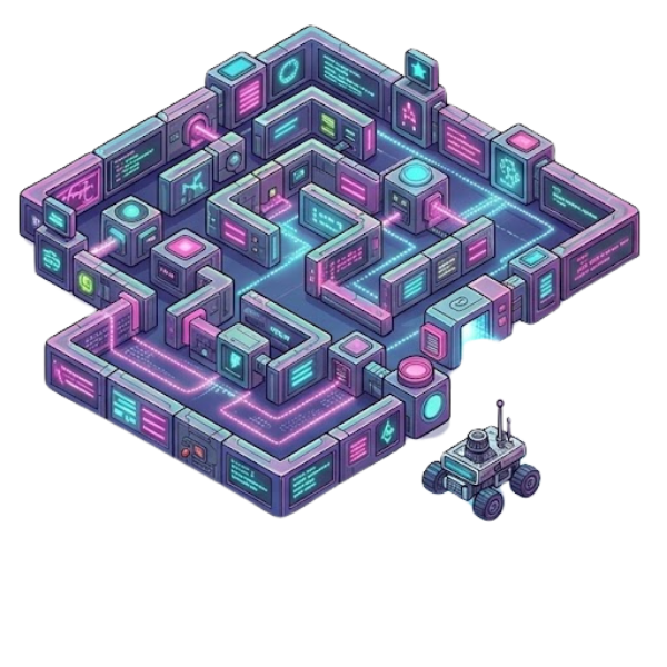 A detailed illustration of a futuristic, modular neon-lit puzzle maze with a small robot rover (Astronode Solver) navigating it, part of a weekly STEM challenge on JoyKitBox.