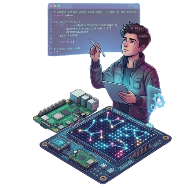 An illustration of a young tech enthusiast interacting with a glowing futuristic circuit board and a holographic code interface, part of a weekly 'Constellation Coder' STEM challenge on JoyKitBox.