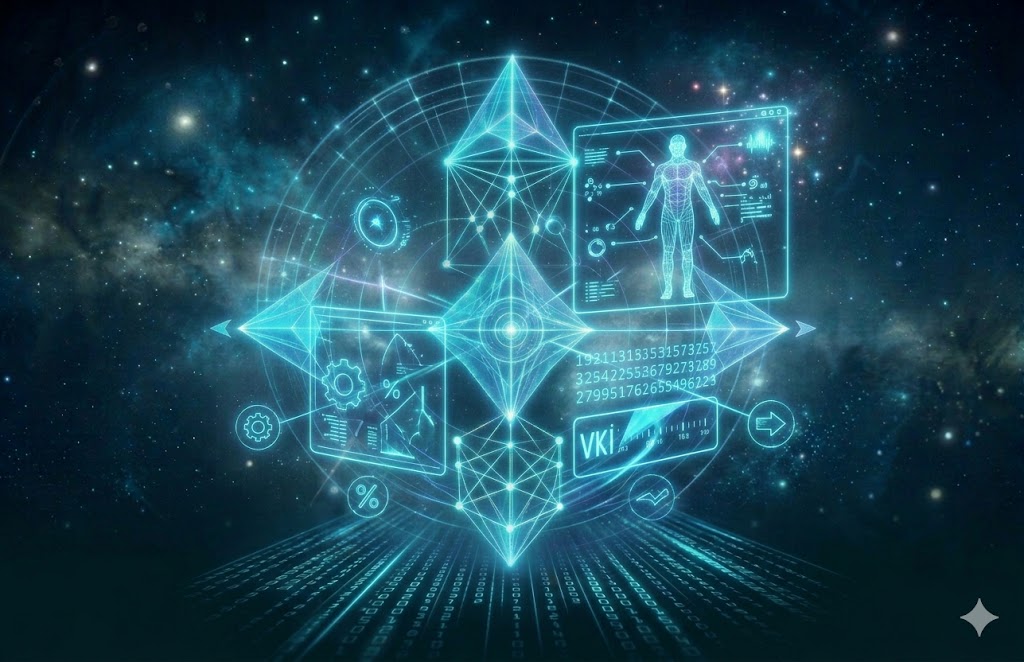 Tools & Calculators A vertical 3:2 card showing a futuristic cyberpunk interpretation of calculations, featuring glowing holographic projections of mechanical gears, numbers, and data patterns in cool neon cyan and blue tones, representing the Age & BMI Calculator at JoyKitBox.