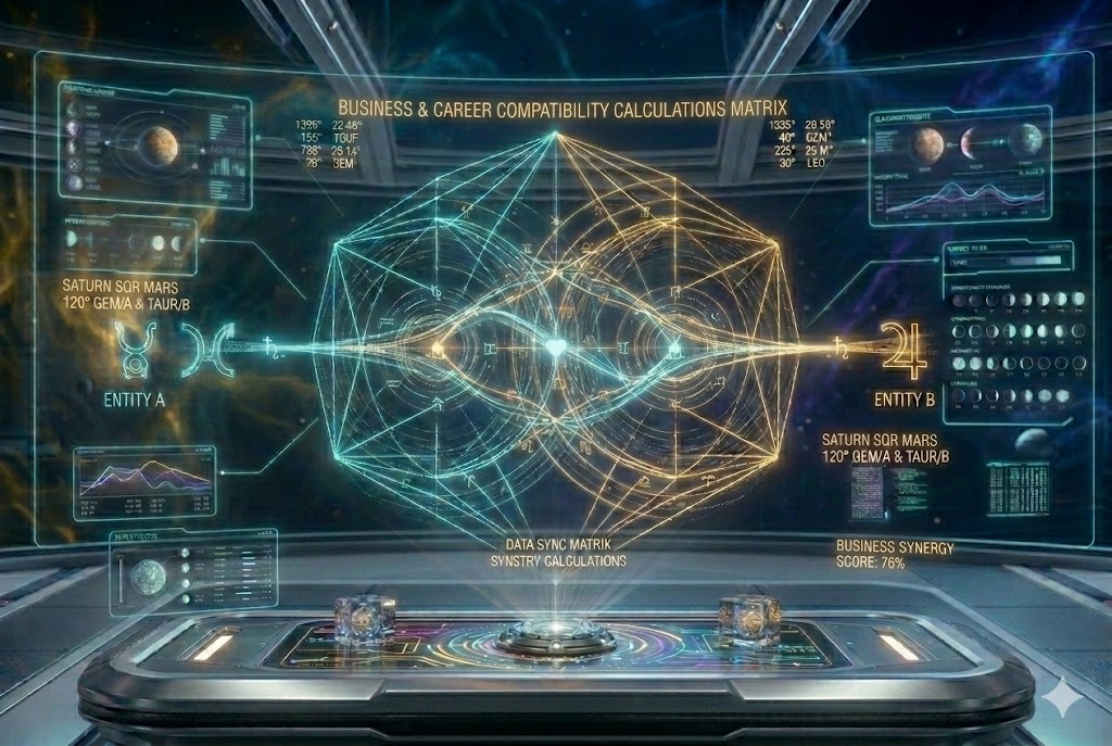 A detailed 3:2 vertical portrait photograph capturing an advanced, complex holographic Business & Career Compatibility Matrix analysis within the detailed futuristic cyberpunk observatory from image_130.png. The detailed projection visualizes two interlocking celestial dairesel grids (cite: image_137.png) (cite: image_137.png) with glowing golden-orange and deep cyan light lines and precise technical coordinate data. Dynamic light threads, small parlayan dolar sembolleri, and embedded astrological glyphs (cite: image_137.png) (cite: image_137.png) represent the unique business connection between two entities, labeled 'BUSINESS COMPATIBILITY ANALYSIS (cite: image_137.png) (cite: image_137.png) - ENTITY A & ENTITY B'. Below, a complex data pedestal with multi-colored light panels (cite: image_137.png) (cite: image_137.png) contains miniature swirling golden models of the analyzed aspects and calculations, representing the Business & Career Compatibility analysis at JoyKitBox.