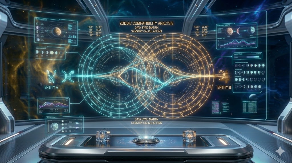 A detailed 16:9 horizontal portrait photograph capturing an advanced, geometric holographic data structure visualizing the Zodiac Compatibility analysis within a futuristic cyberpunk observatory, building upon the celestial aesthetic in image_115.png. The detailed projection shows glowing golden-orange and deep cyan geometric segments and coordinate readings (cite: image_130.png) (cite: image_130.png) representing key genealogical signs with embedded data streams and technical glyphs. Below, a small crystalline display on a polished metallic console with subtle internal lights contains a miniature swirling golden model of the zodiac compatibility systems being analyzed, representing the Zodiac Compatibility analysis at JoyKitBox.