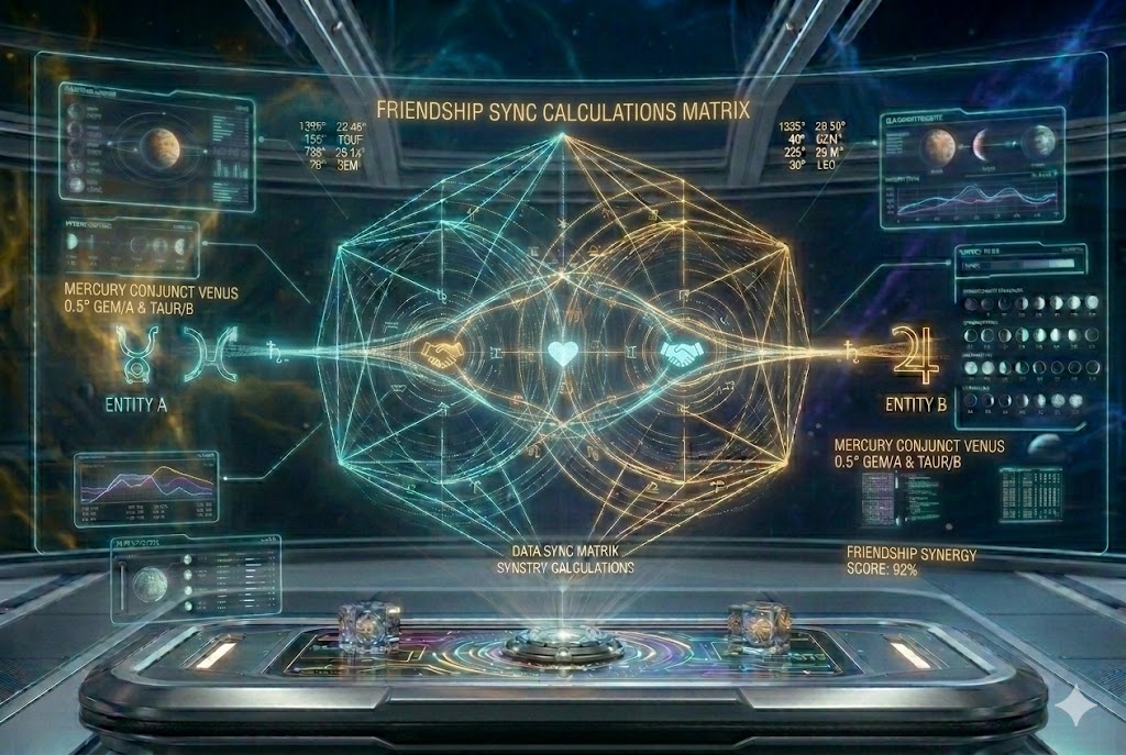 A detailed 3:2 vertical portrait photograph capturing an advanced, complex holographic Friendship Synchronization Matrix analysis within the detailed futuristic cyberpunk observatory from image_130.png. The detailed projection visualizes two interlocking celestial dairesel grids (cite: image_139.png) (cite: image_139.png) with glowing golden-orange and deep cyan light lines and precise technical coordinate data. Dynamic light threads, small parlayan el sıkışma ve kalp sembolleri, and embedded astrological glyphs (cite: image_139.png) (cite: image_139.png) represent the unique friendship connection between two entities, labeled 'FRIENDSHIP SYNC ANALYSIS (cite: image_139.png) (cite: image_139.png) - ENTITY A & ENTITY B'. Below, a complex data pedestal with multi-colored light panels (cite: image_139.png) (cite: image_139.png) contains miniature swirling golden models of the analyzed aspects and calculations, representing the Friendship Sync analysis at JoyKitBox.